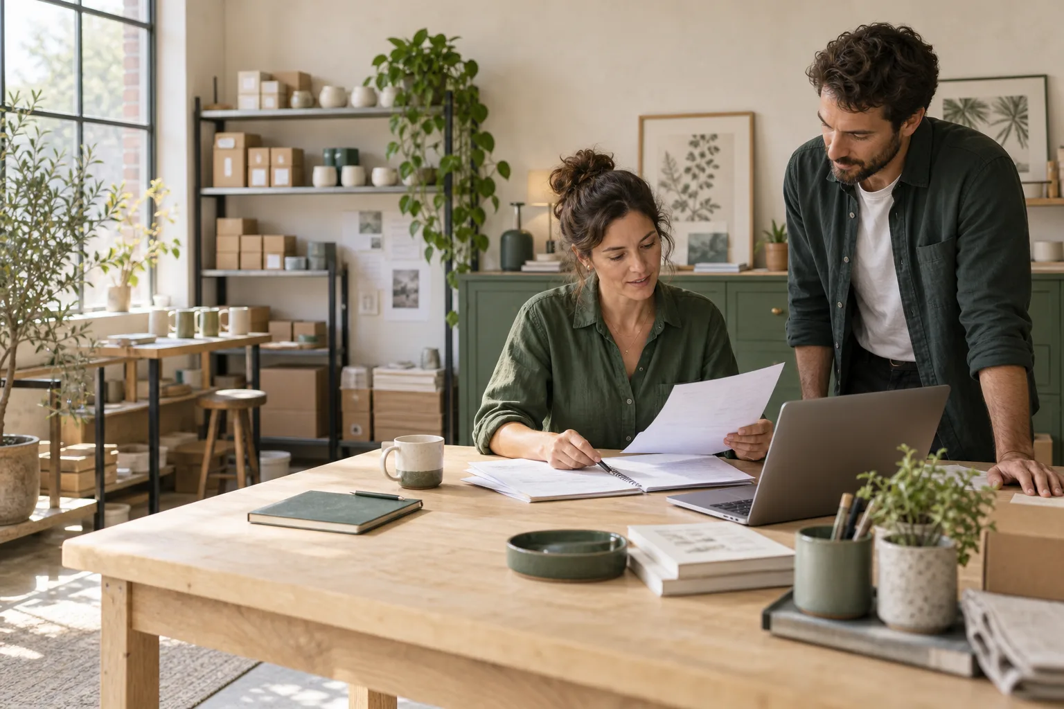 Business owners reviewing paperwork in their creative studio